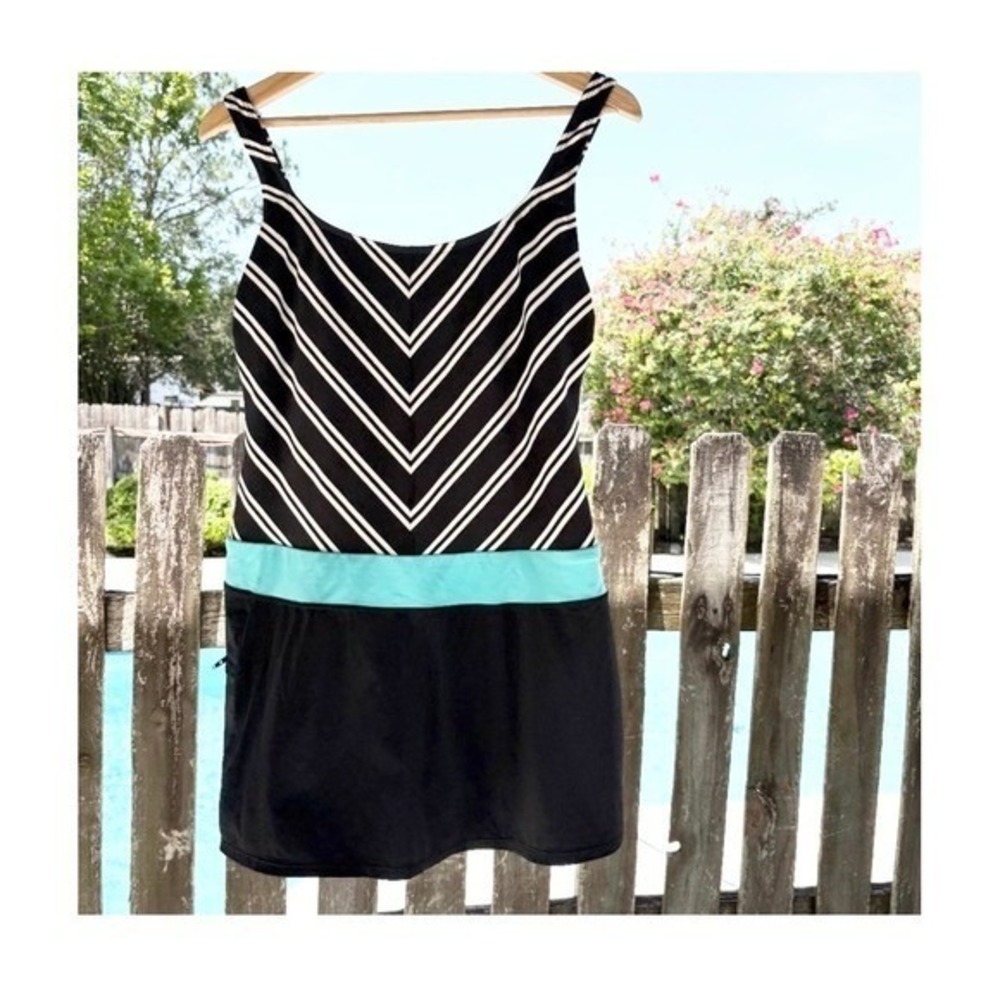 Beach House Chevron Striped Swim‎ Dress Women 14 Black Teal
